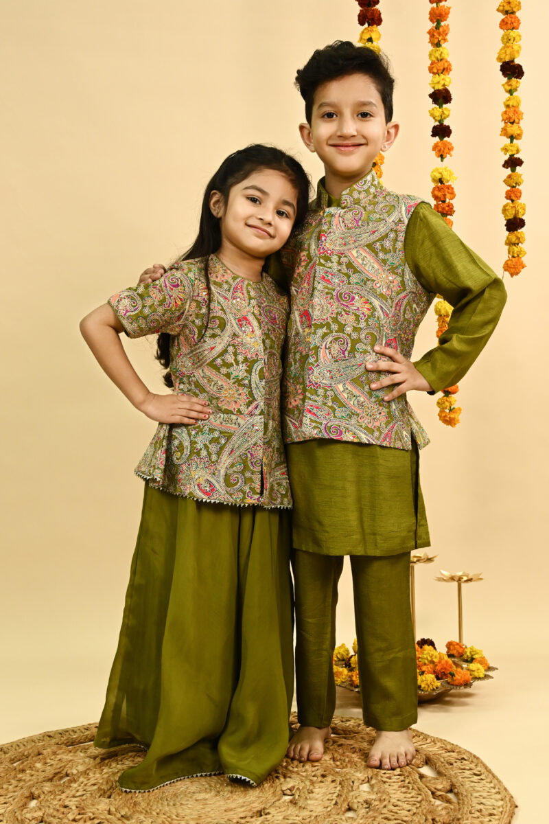 Olive green full zari embroidered top with organza sharara /KURTA PAJAMA WITH NEHRU JACKET