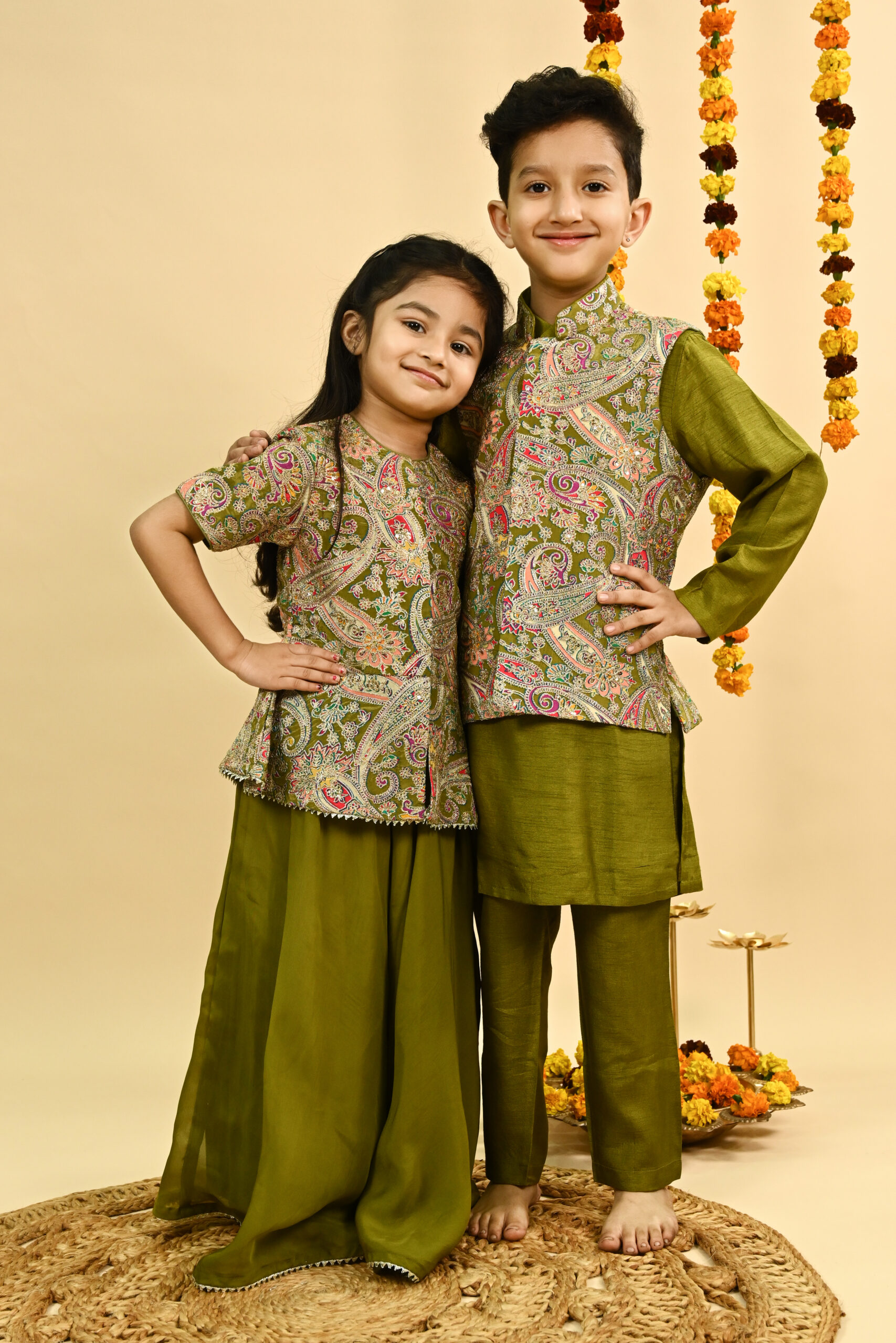 Olive green full zari embroidered top with organza sharara /KURTA PAJAMA WITH NEHRU JACKET