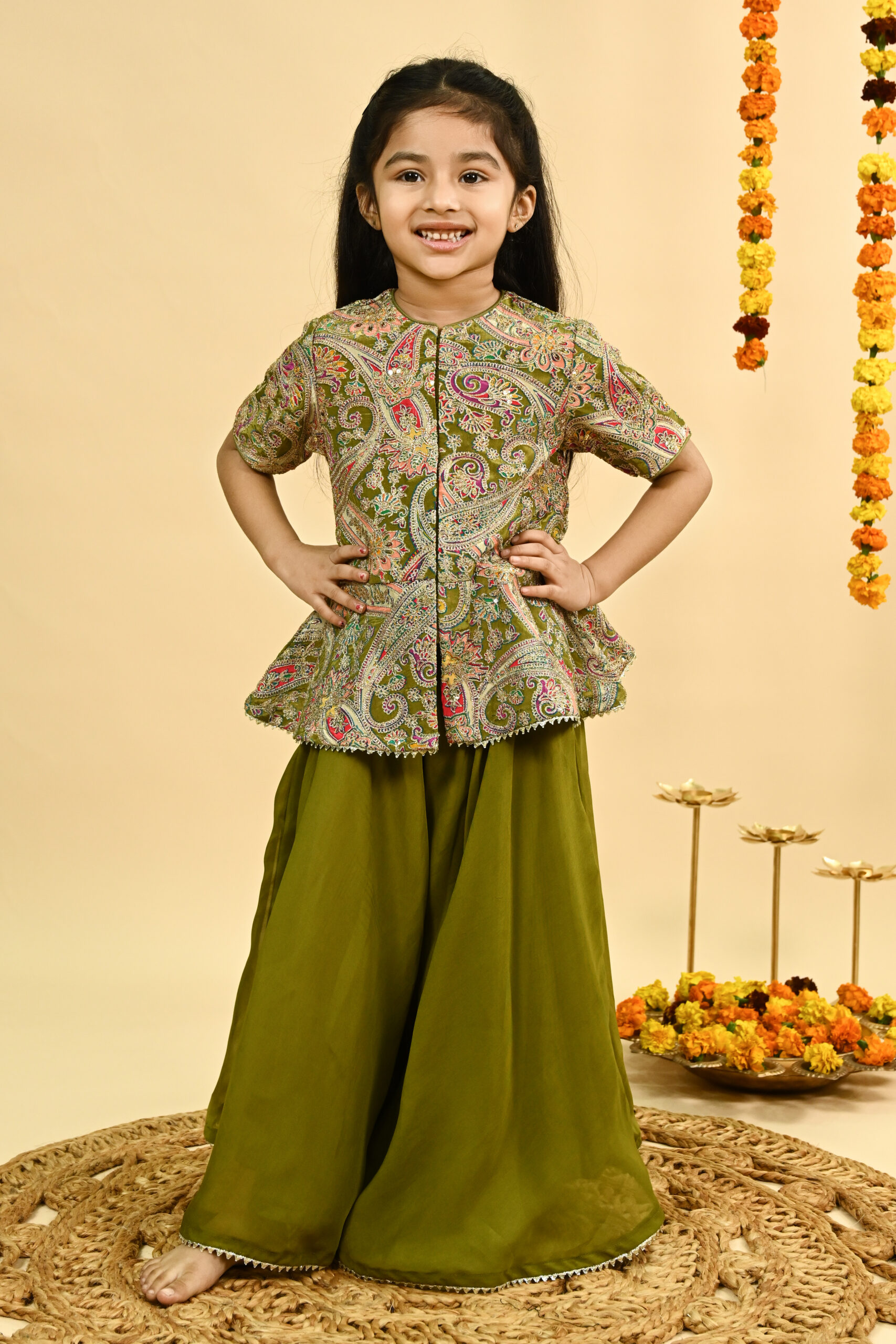 Olive green full zari embroidered top with organza sharara /KURTA PAJAMA WITH NEHRU JACKET - Image 2