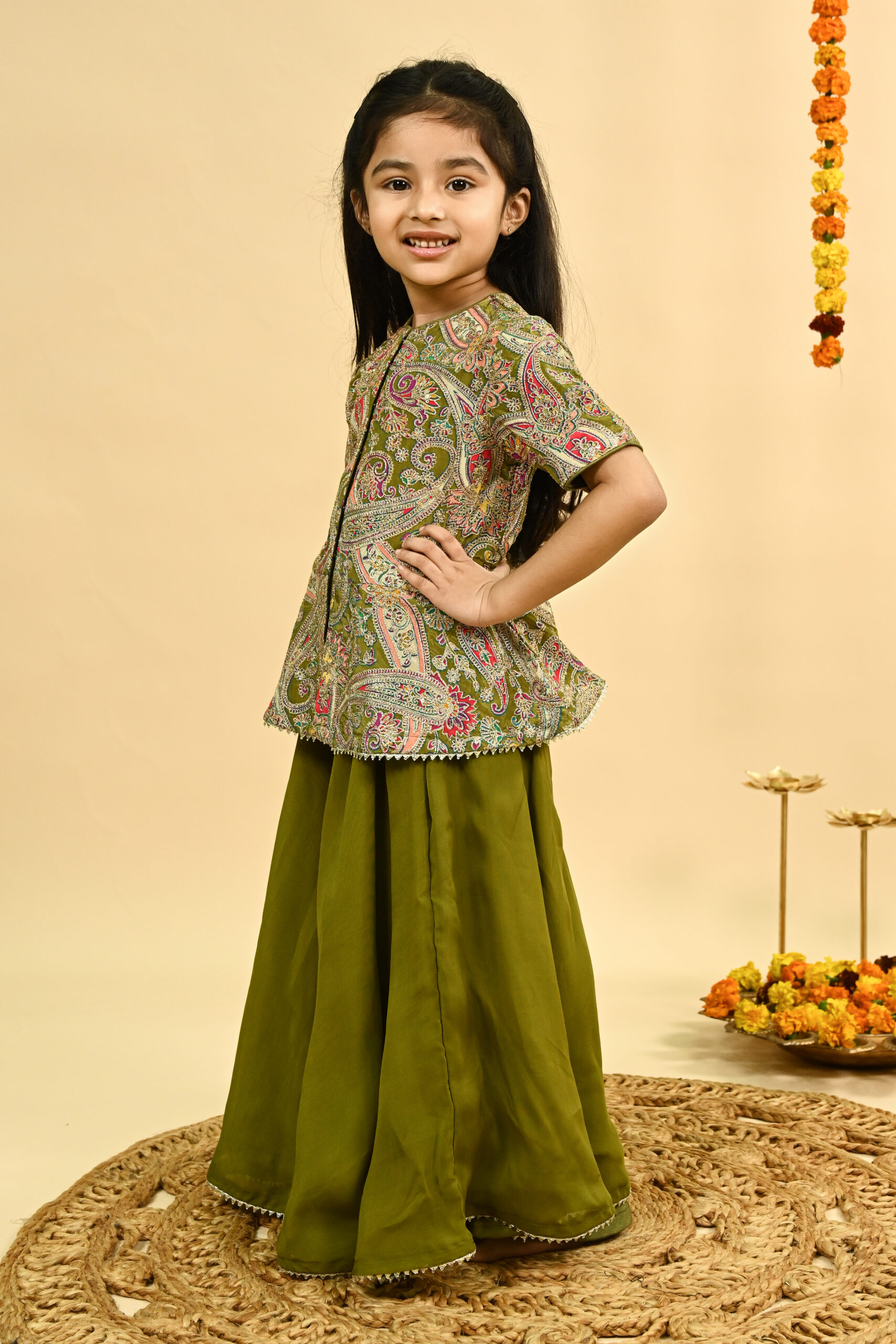 Olive green full zari embroidered top with organza sharara /KURTA PAJAMA WITH NEHRU JACKET - Image 3
