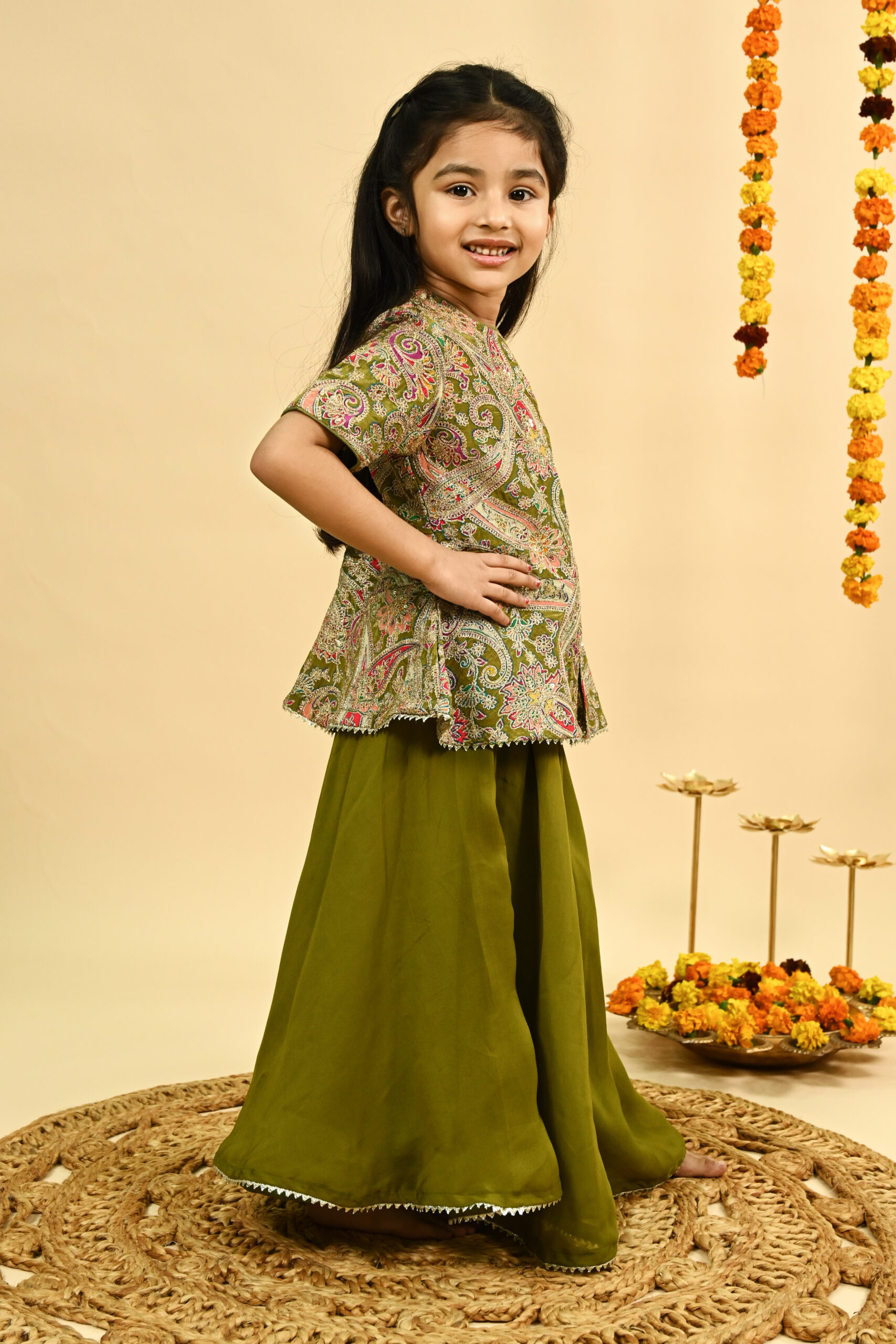 Olive green full zari embroidered top with organza sharara /KURTA PAJAMA WITH NEHRU JACKET - Image 5