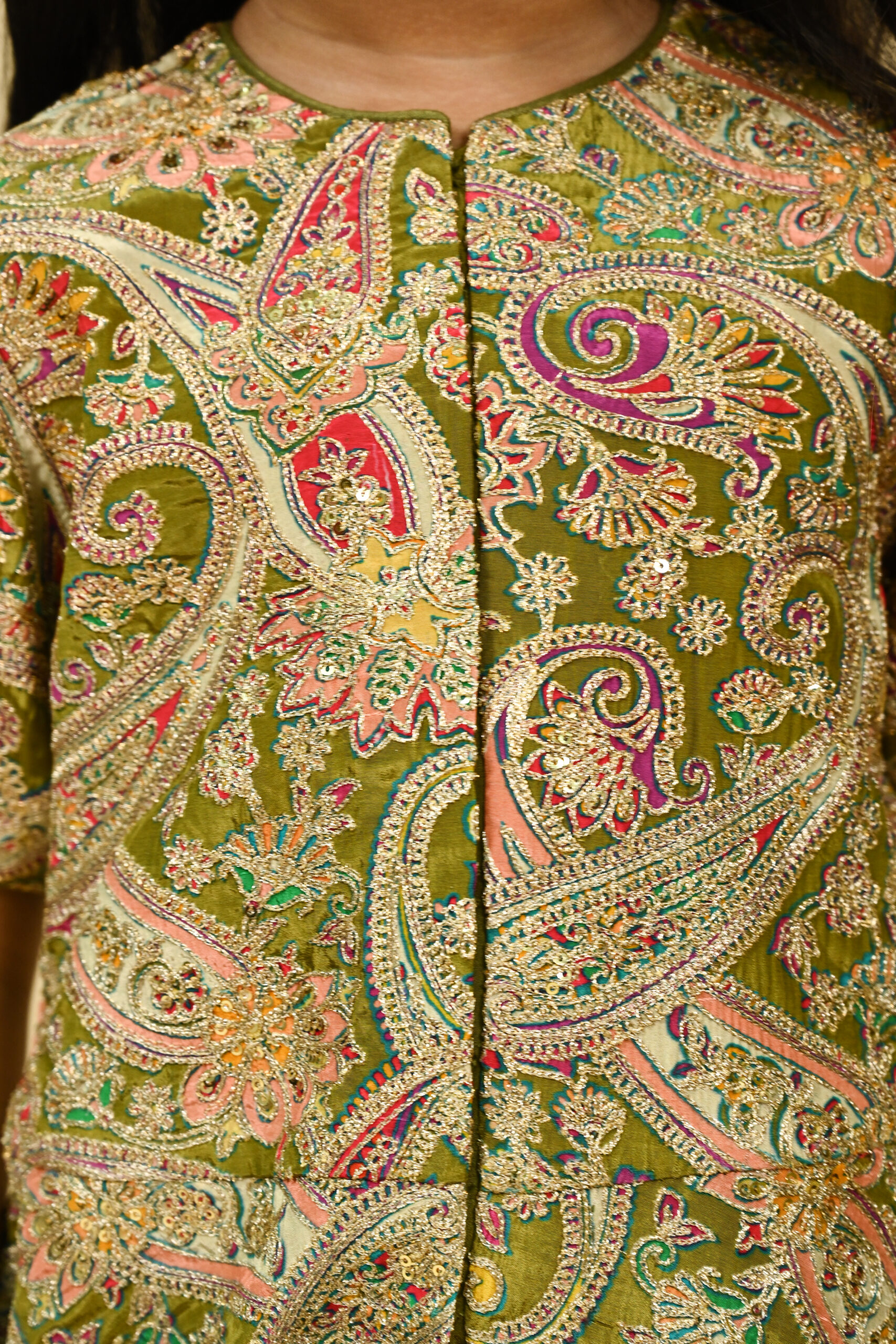 Olive green full zari embroidered top with organza sharara /KURTA PAJAMA WITH NEHRU JACKET - Image 7