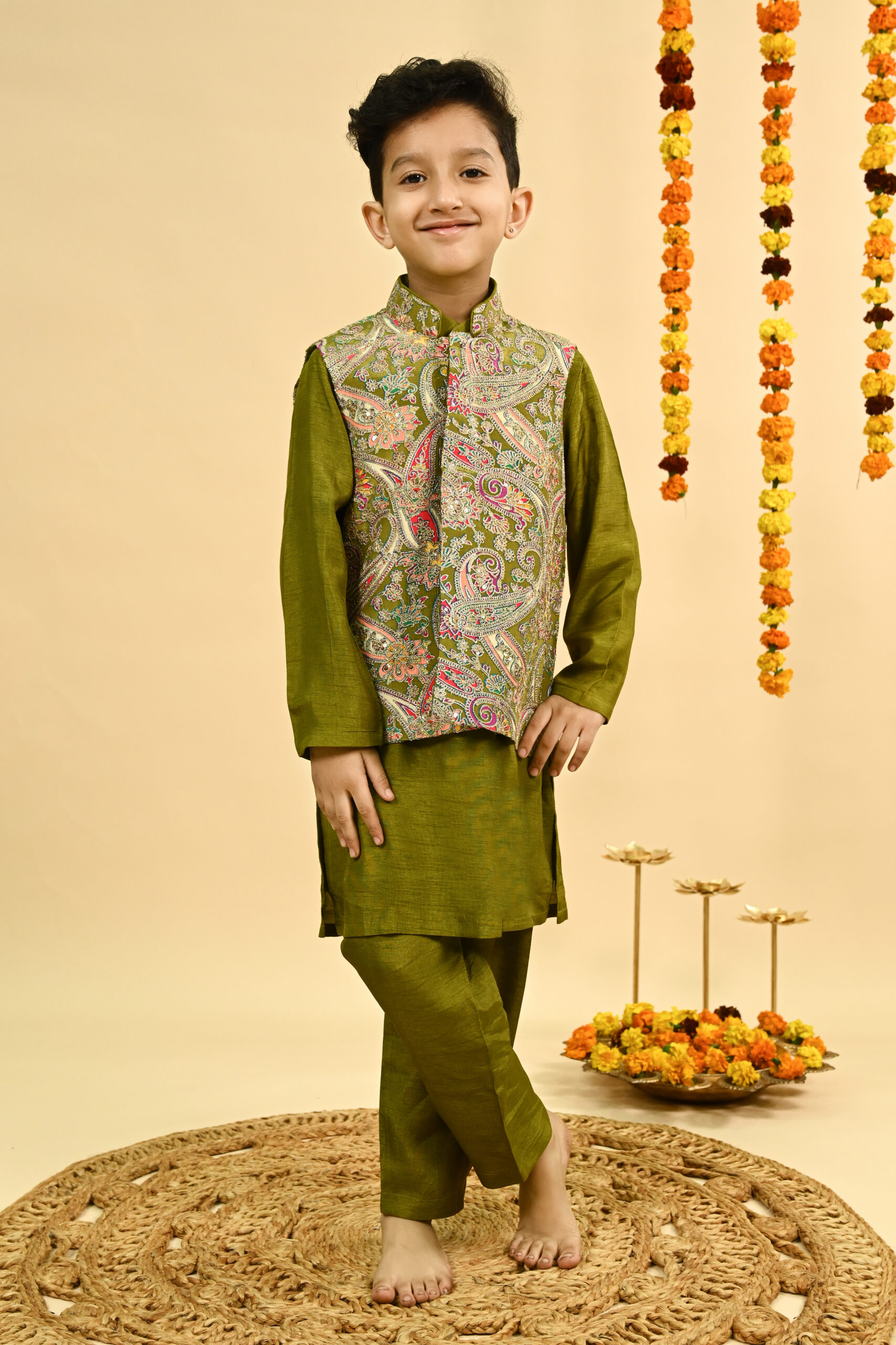 Olive green full zari embroidered top with organza sharara /KURTA PAJAMA WITH NEHRU JACKET - Image 8