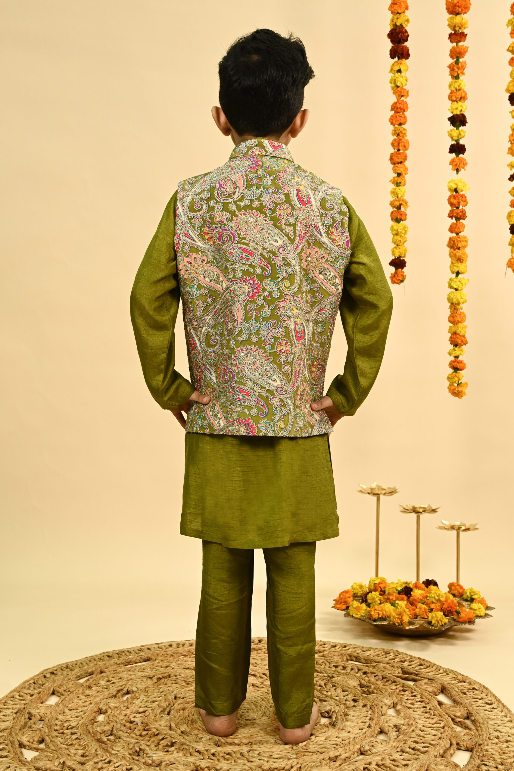 Olive green full zari embroidered top with organza sharara /KURTA PAJAMA WITH NEHRU JACKET - Image 9