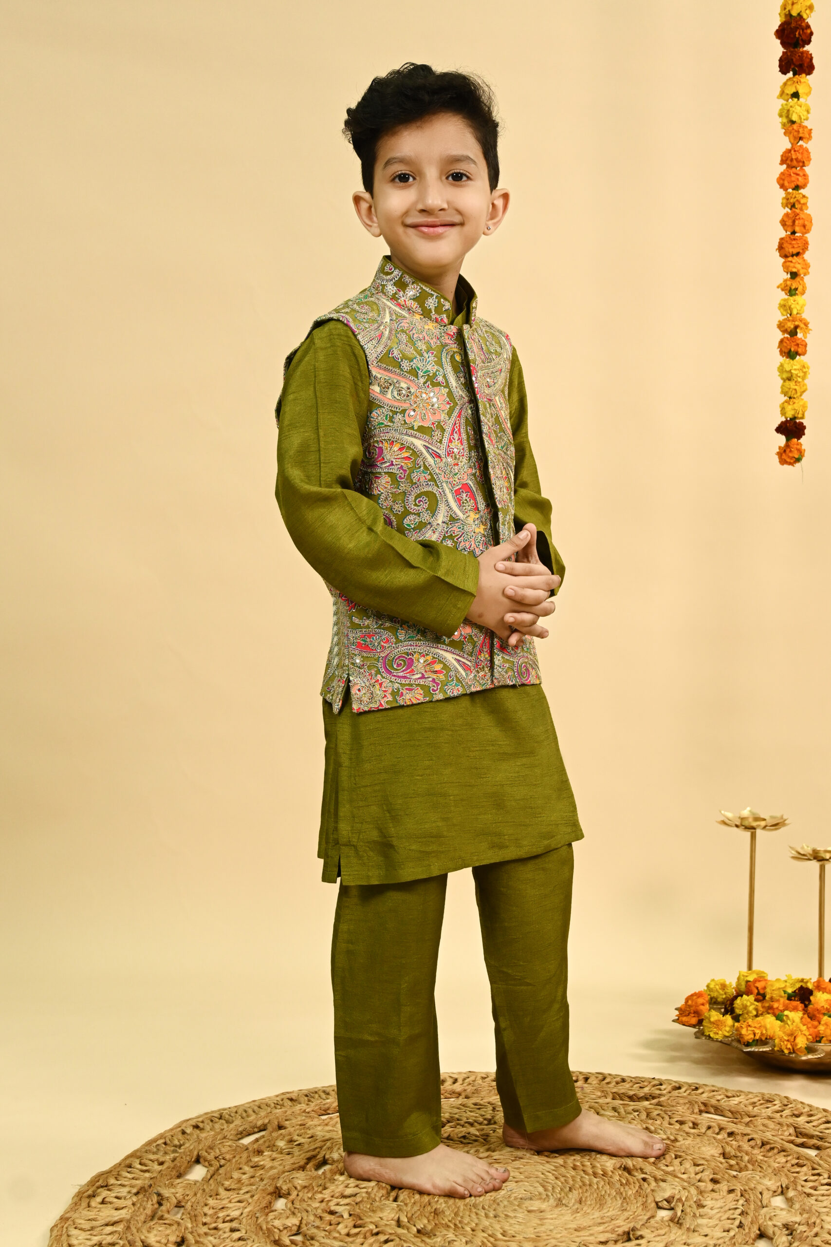 Olive green full zari embroidered top with organza sharara /KURTA PAJAMA WITH NEHRU JACKET - Image 10